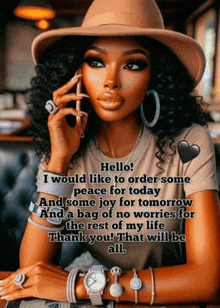 a woman is sitting at a table talking on a cell phone while wearing a hat .