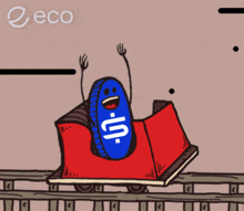 a cartoon drawing of a roller coaster with a blue coin with the letter u. on it