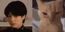 a man and a cat are sitting next to each other and looking at the camera .
