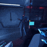 a man in a suit is holding a gun in a room