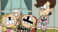 a cartoon of a boy standing next to two girls with their mouths wide open