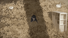 a man in a top hat is walking through a field of tall grass