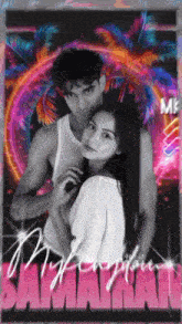 a man and a woman are standing next to each other on a colorful background with the word me in the upper left corner