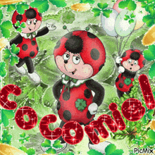 a ladybug is holding balloons and says " c'comiel " on the bottom