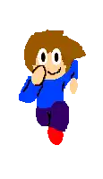 a pixel art of a boy wearing a blue shirt and red shoes running .