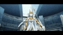 a woman in a white dress and gold armor is holding a sword and a chain .