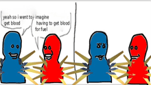 a cartoon of a group of people talking about getting blood for fuel