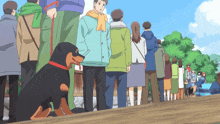 a group of people and a dog are standing on a bridge