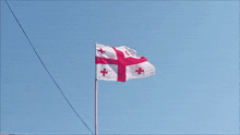 a flag with red crosses on it is flying in the wind