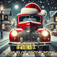 a red car with a santa hat on is driving down a snowy road