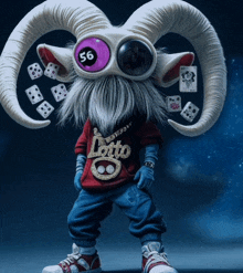 a drawing of a goat with horns wearing a shirt that says lotto