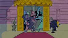 a cartoon of a man in a tuxedo standing in front of a building that says ' theatre ' on it