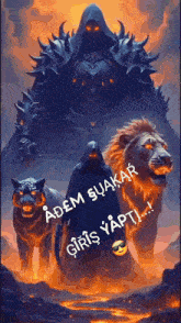 a painting of a grim reaper standing next to a lion and a tiger