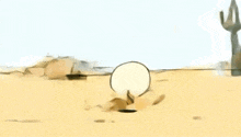 a cartoon duck is laying on the ground in the desert .