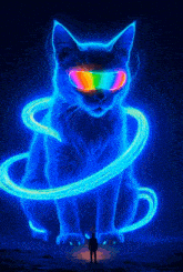 a man stands in front of a glowing cat with sunglasses on