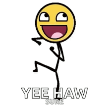 a stick figure with a smiley face and the words yee haw sure on it