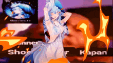 a girl in a white dress is dancing in front of a sign that says ' apan '