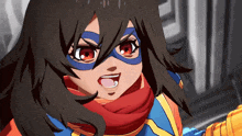 a close up of a female superhero with a scarf around her neck