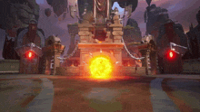 a video game scene with a statue and a sphere of fire