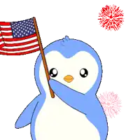 a penguin is holding an american flag in front of a colorful background