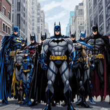 a group of batman standing on a city street with buildings in the background