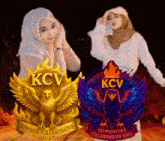 a woman in a hijab is standing next to a logo for kcv