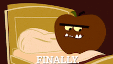 a cartoon apple is laying in a bed with the words finally written on the bottom