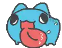 a blue cartoon cat with a red stomach and a red tongue .