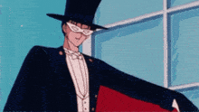 a man wearing a top hat and a white mask is standing in front of a window