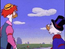 two cartoon characters are standing next to each other in a field looking at a cloud in the sky .