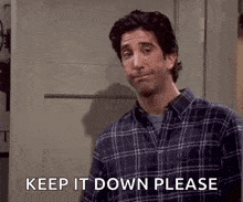 a man in a plaid shirt is asking to keep it down please