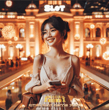 a woman is smiling in front of a building that has the word slot on it