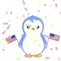 a blue and white penguin holding two american flags in front of confetti