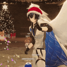 a person wearing a santa hat and a blue cape is standing in front of a christmas tree and confetti