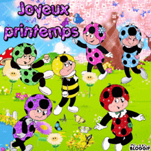 a group of ladybugs are dancing in a field with the words joyeux printemps written on the bottom