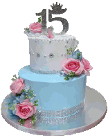 a blue and white cake with pink flowers and the number 15 on top