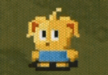 a pixel art of a yellow and blue cartoon character with a blue shirt on a green background .