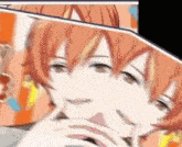 a close up of a person 's face with orange hair and green eyes