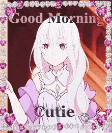 a good morning greeting card with a girl in a purple dress