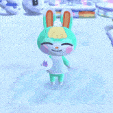a cartoon bunny is standing in the snow wearing a sweater