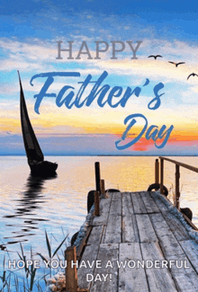 a father 's day card with a dock and a boat in the water