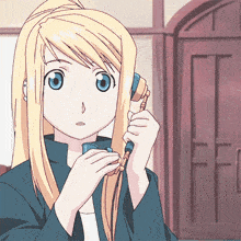a blonde anime girl with blue eyes is holding a brush