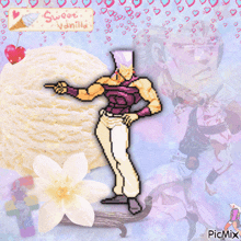 a pixel art of a man pointing at a vanilla ice cream