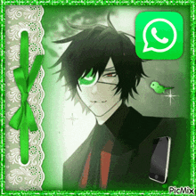 a picture of a boy with a green eye patch and a phone with a whatsapp icon