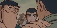 a group of cartoon characters are standing next to each other and one of them has a big smile on his face .