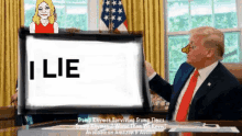 a man in a suit and tie holds a sign that says i lie