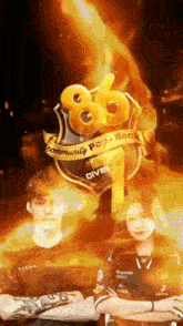 a man and a woman are standing next to each other in front of a shield with the number 86 on it .