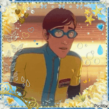 a picture of a man wearing glasses is surrounded by flowers and hearts
