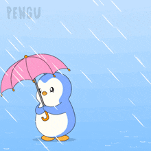 a penguin is holding a pink umbrella in the rain and the word pengu is on the bottom