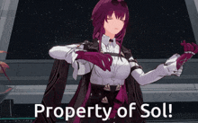 a purple haired anime girl is dancing with the words property of sol behind her
